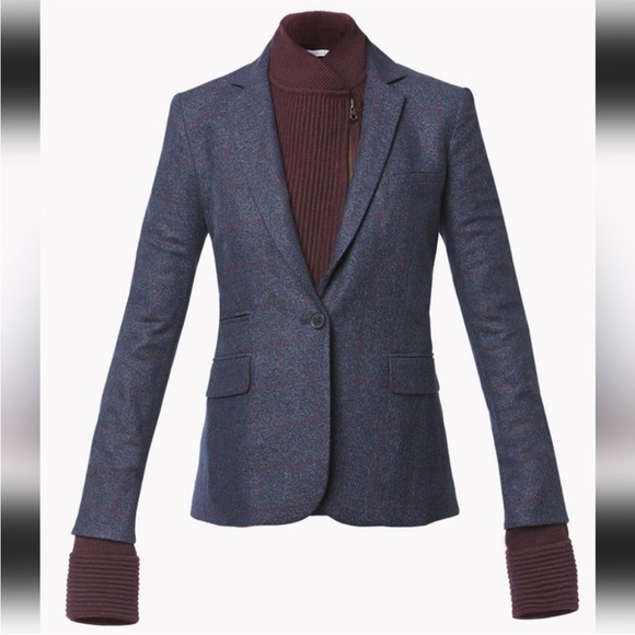 $748 Veronica Beard Blue Burgundy windowpane wool Dickey jacket Blazer sz 0 - Picture 2 of 16